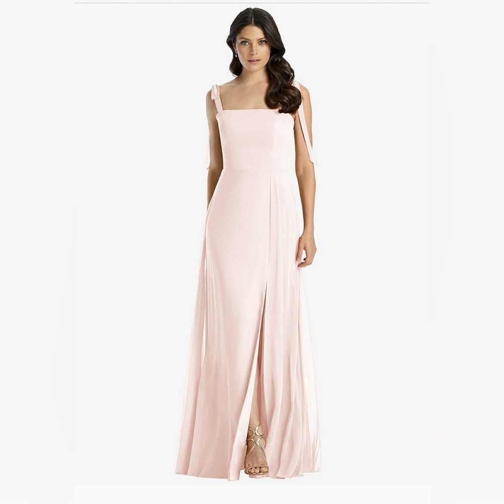 DESSY COLLECTION TIE-SHOULDER CHIFFON MAXI DRESS WITH FRONT SLIT IN BLUSH SIZE 0